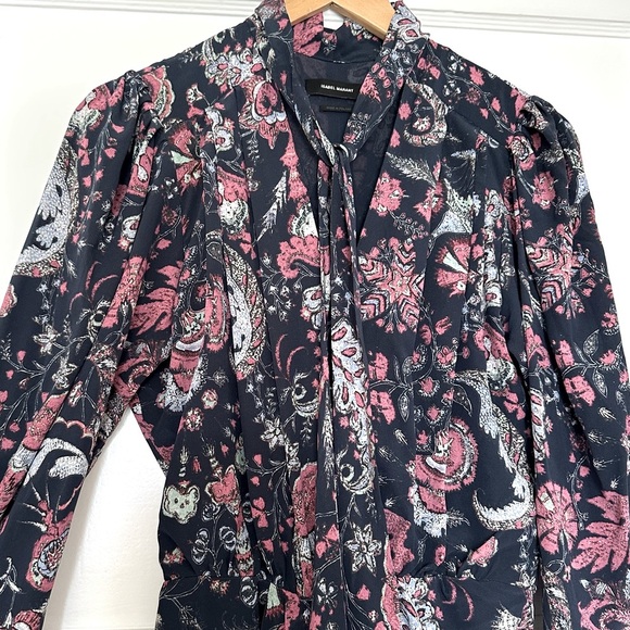 Isabel Marant Batoa Dress Navy Pink Floral Silk Crepe Long Sleeved Neck Tie NWOT - Picture 13 of 16